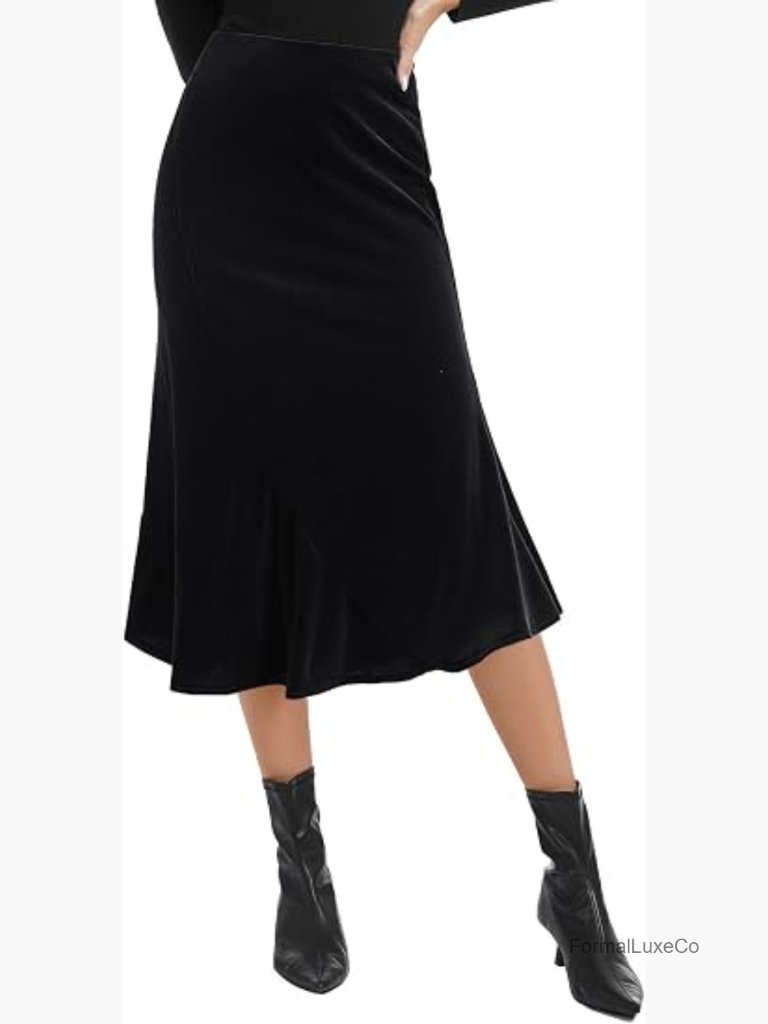 Elegant Velvet Midi Skirt High Waist Asymmetric Mermaid Hem Flared